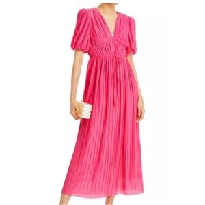 Endless Rose Pleated Pink Maxi Dress Puff Sleeve V-Neck Small NWT Wedding Guest